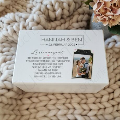 Hochzeit Erinnerungskiste Holzbox mit Brautpaar Foto Name, Datum und Liebesrezept